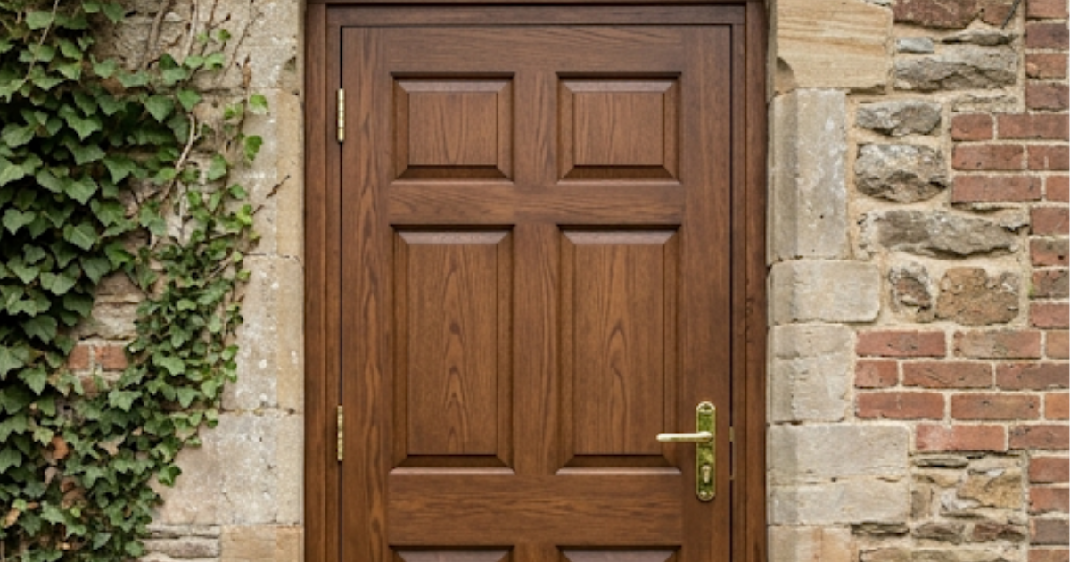 A six-panel, wood-grain front door set in a stone and brick wall covered by ivy on the left.
