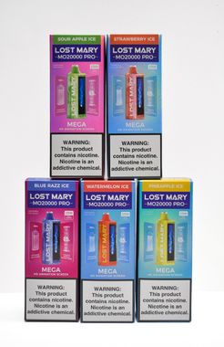 A bunch of boxes of lost mart e-cigarettes are stacked on top of each other.