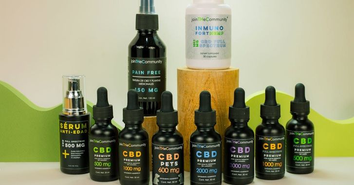 A variety of cbd products are lined up on a table.