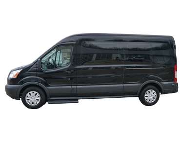 Black passenger van with tinted windows and a side step.