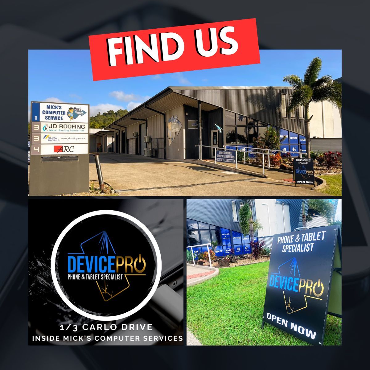 Device Pro Signage, and An Open Sign on Lawn — DevicePro - Phone & Tablet Specialist In Cannonvale, QLD
