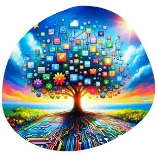 עץ דיגיטלי מלא באייקונים המסמל צמיחה בדיגיטל המובלת על ידי ליאור שור