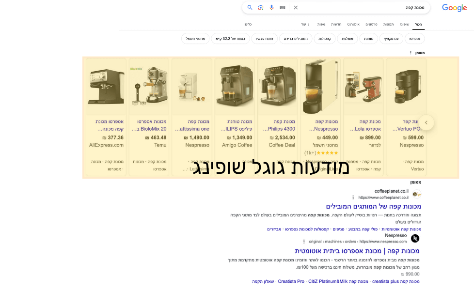 צילום מסך דוגמה לתוצאות חיפוש בגוגל שופינג