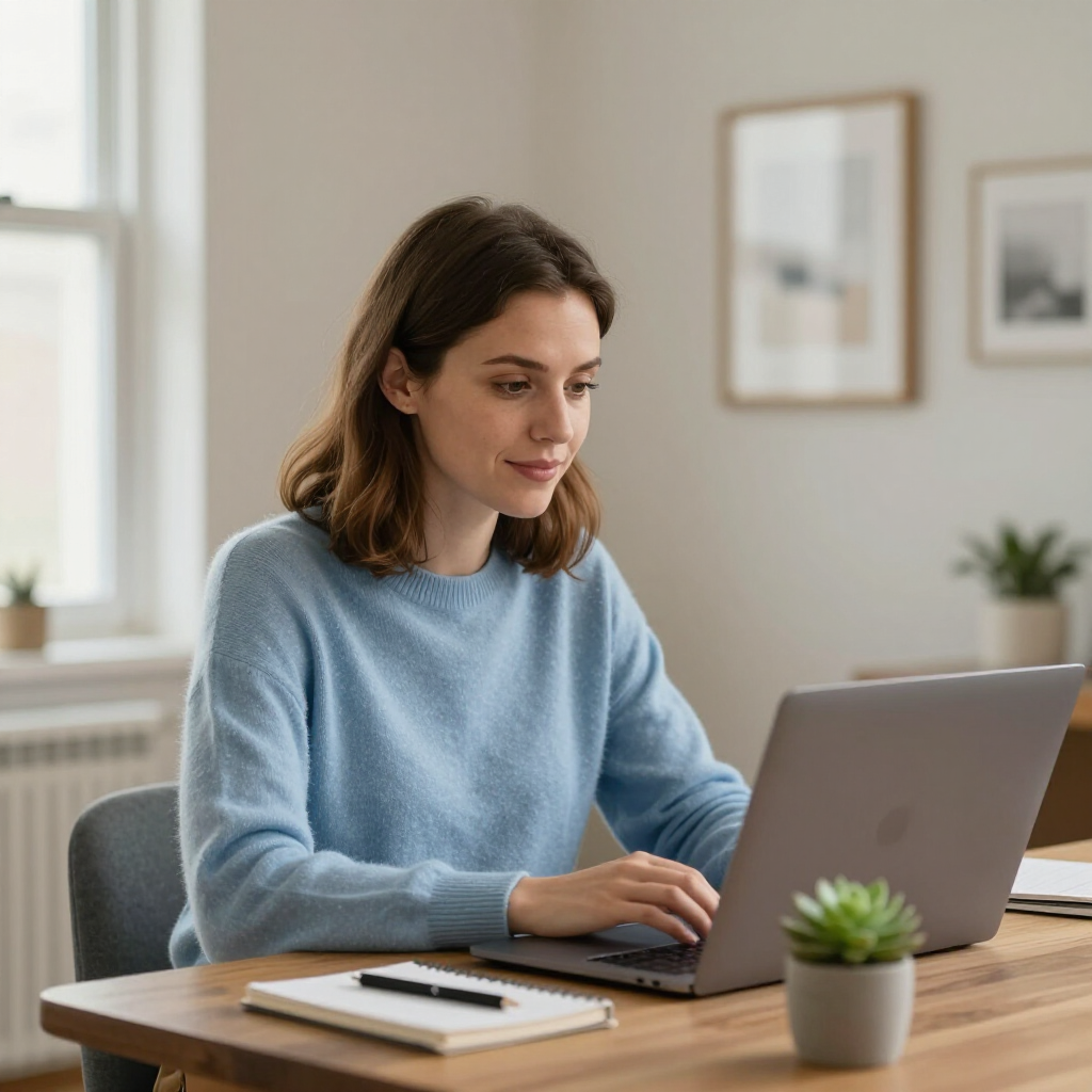 Una persona con un suéter azul claro teclea en una computadora portátil en un escritorio de madera.