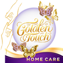 Logo for Golden Touch Home Care, featuring a golden script over a purple and white sphere, butterflies, and hands.
