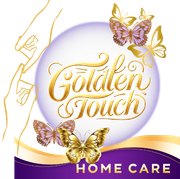 Logo for Golden Touch Home Care, featuring a golden script over a purple and white sphere, butterflies, and hands.