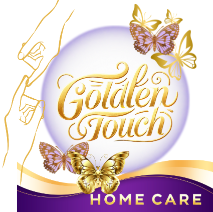 Logo for Golden Touch Home Care, featuring a golden script over a purple and white sphere, butterflies, and hands.