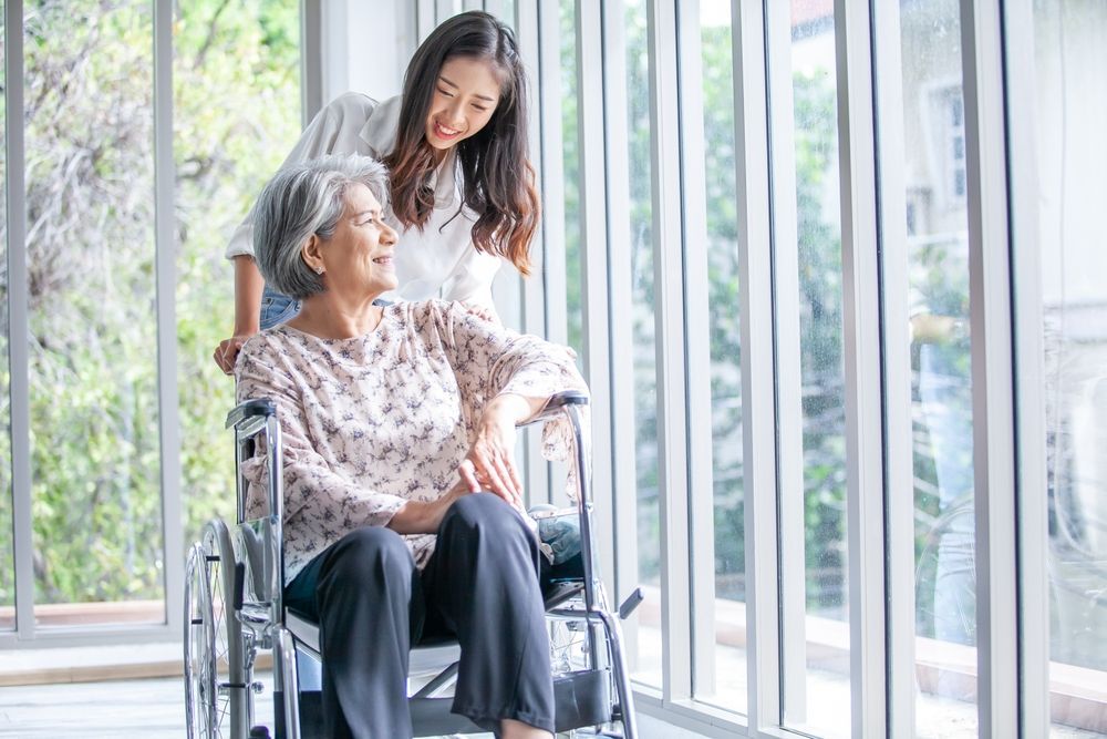 Woman assists elderly person in wheelchair by a large window.