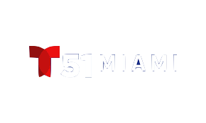 Telemundo 51 Miami logo: red "T" ribbon, "51" with blue accent, white "MIAMI" text.