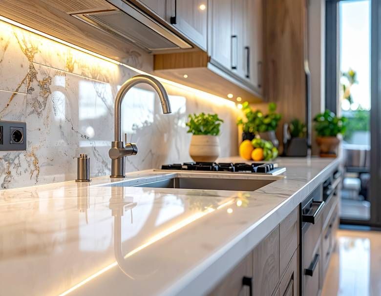 Modern kitchen with marble countertops, stainless steel faucet, and under-cabinet lighting.