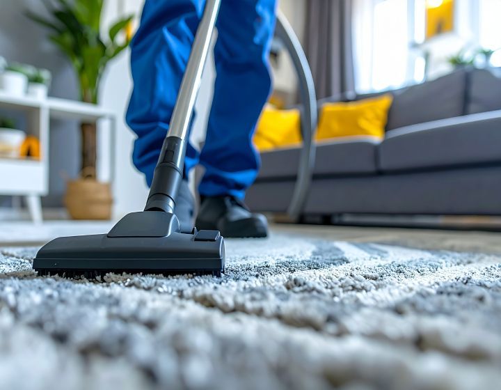 Person in blue overalls vacuums a grey carpet in a living room.
