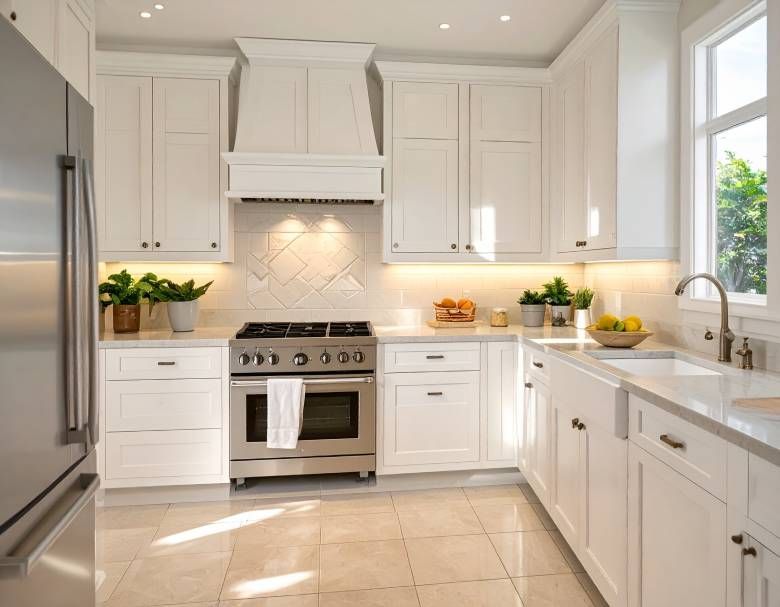 White kitchen with stainless steel appliances, white cabinets, and tile backsplash.