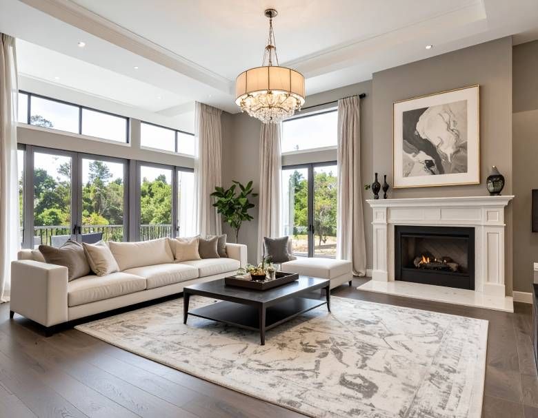 Living room with tall windows, fireplace, beige sofa, and a patterned rug.