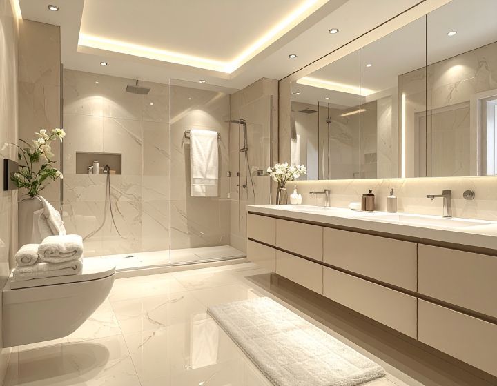 Luxurious, light beige bathroom with a floating vanity, walk-in shower, and marble flooring.