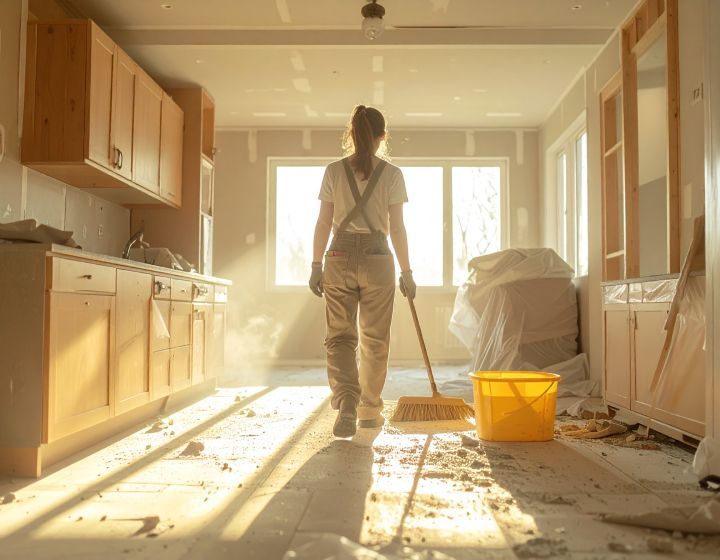 Person sweeping a dusty room during a renovation. Light shines through windows, highlighting debris, a bucket, and cabinetry.