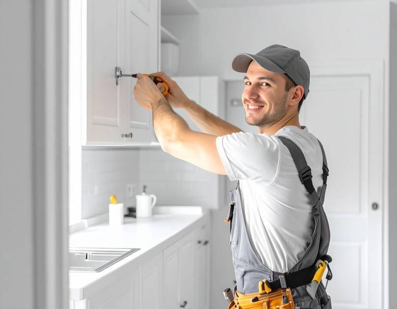 Handyman fixing a white cabinet in a bright kitchen. He is smiling and wearing a hat and overalls.