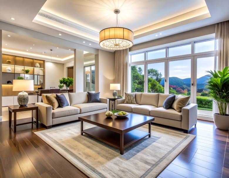Living room with two sofas, a coffee table, large windows, and a chandelier.