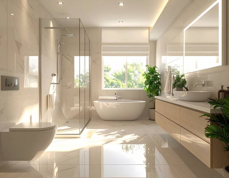 Luxurious white bathroom with glass shower, freestanding tub, and large window overlooking trees.