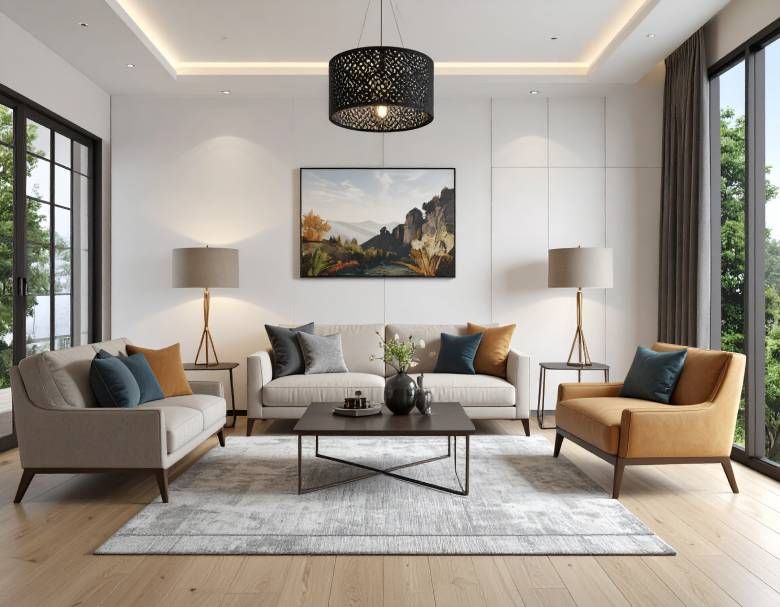 Living room with neutral color scheme, modern furniture, large windows, artwork, and a patterned rug.