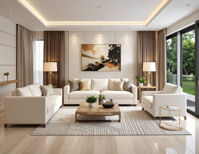 Living room with cream-colored sofas, wooden coffee table, large window, and abstract art.