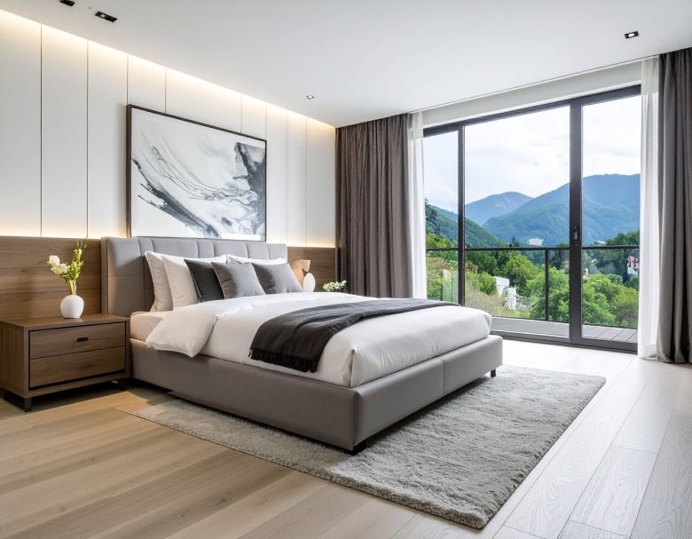 Modern bedroom with a bed, nightstand, and large window overlooking mountains.