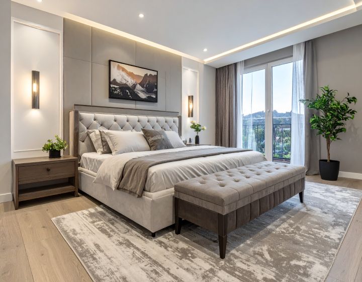 Elegant bedroom with a large bed, gray and beige color scheme, accent lighting, and a balcony view.