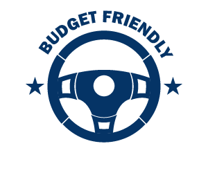 A blue steering wheel with the words budget friendly around it