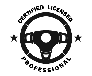 A certified licensed professional logo with a steering wheel