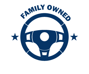A blue steering wheel with the words family owned around it