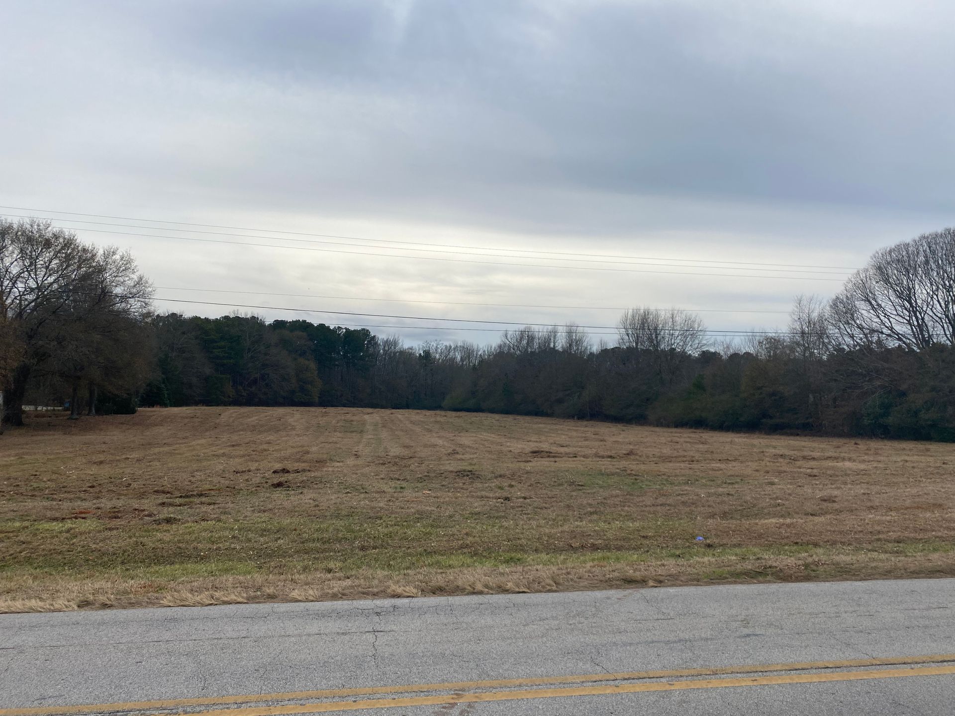 A large field with trees in the background and a road in the foreground.