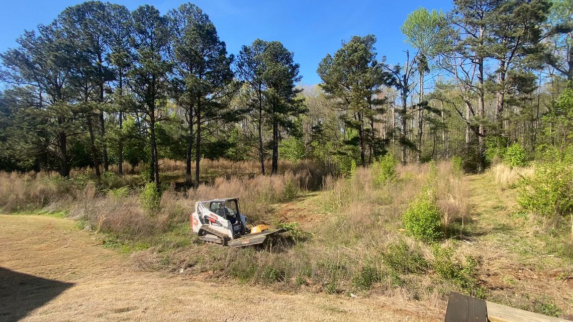 A bulldozer is cutting a tree stump in a field with trees in the background.