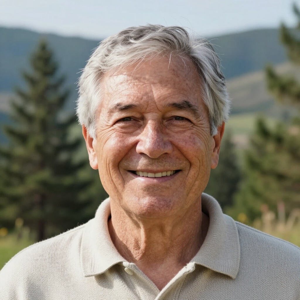 Smiling man in a beige polo shirt outdoors with mountains and trees in the background