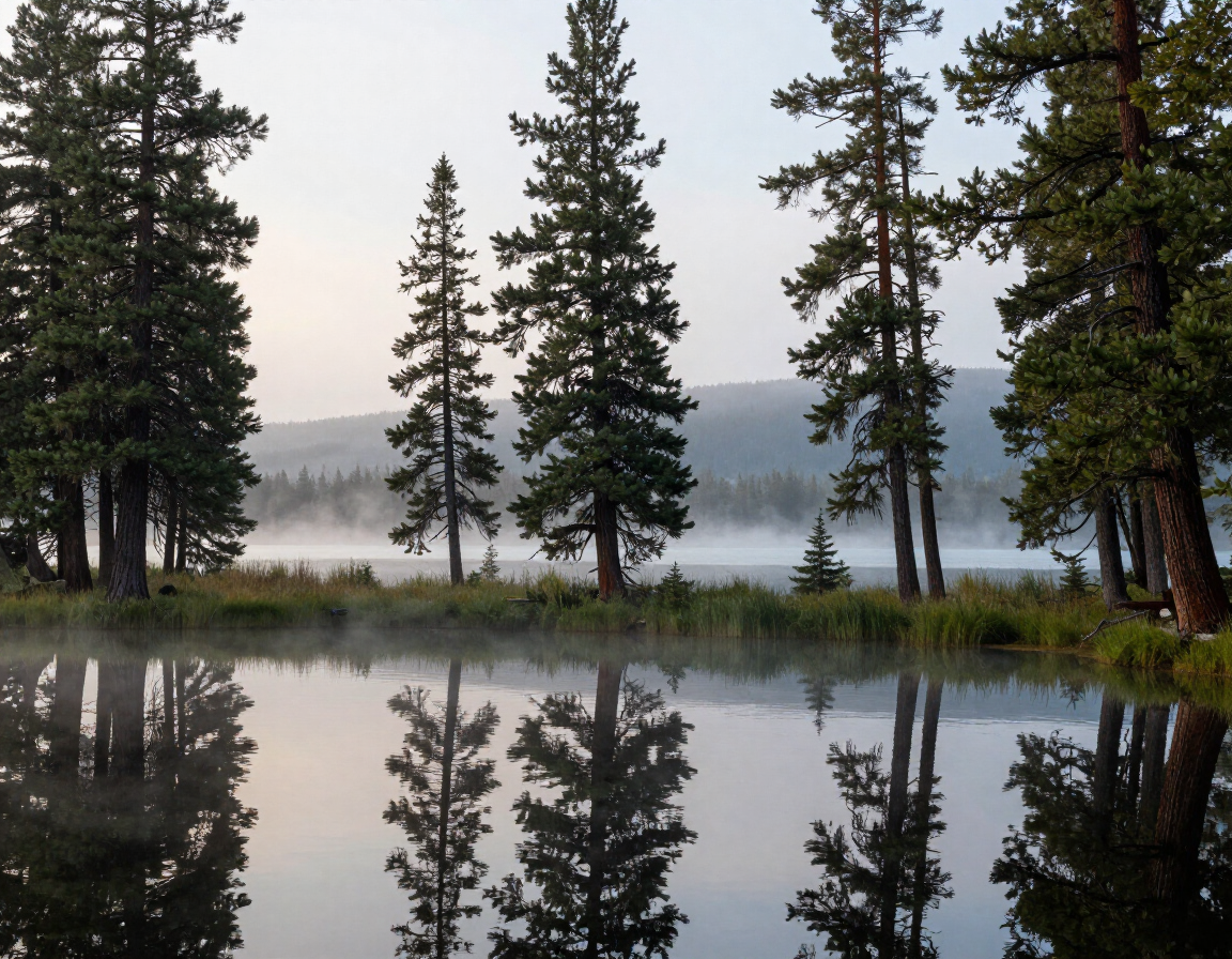 Foggy lake with tall pine trees reflected in still water at dawn