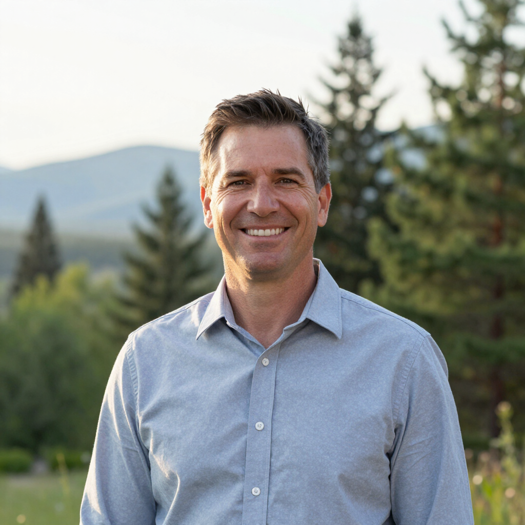 Smiling man in a light blue shirt standing outdoors with mountains and trees in the background