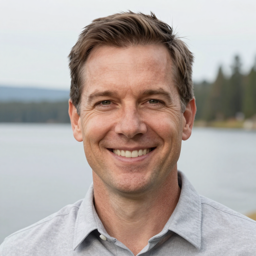Smiling man in a light gray shirt standing outdoors by a calm lake with trees in the background