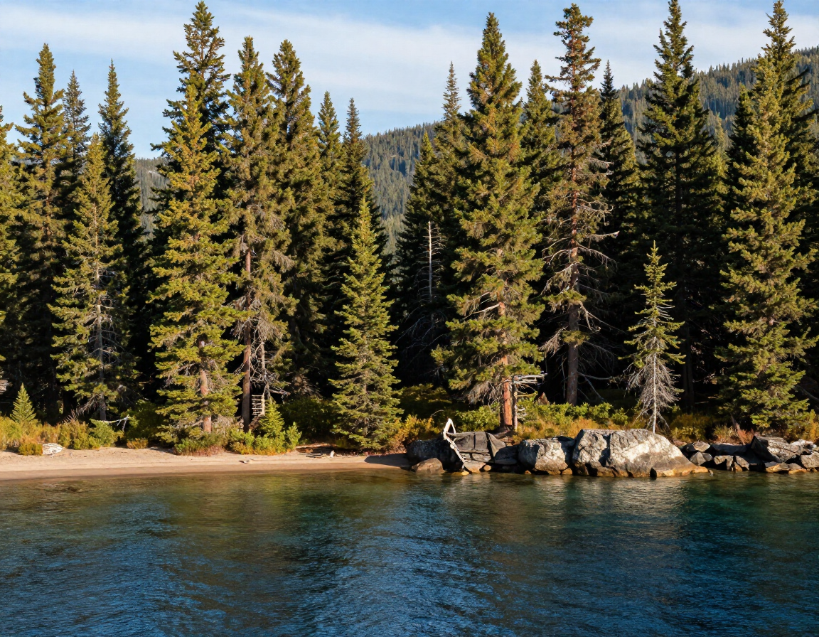 Clear blue lake with evergreen forest and rocky shoreline under a bright sky