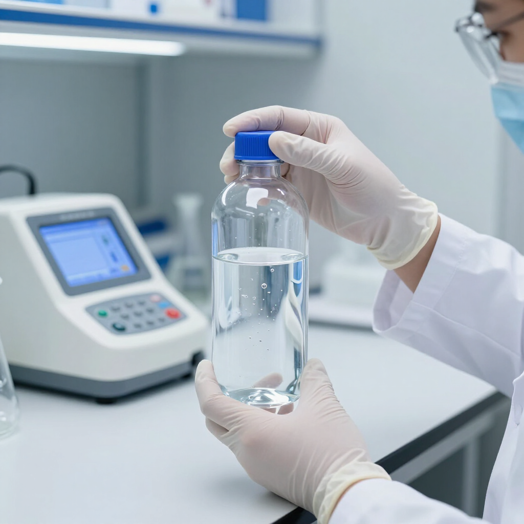 Gloved lab worker holding a clear sample bottle near a testing machine