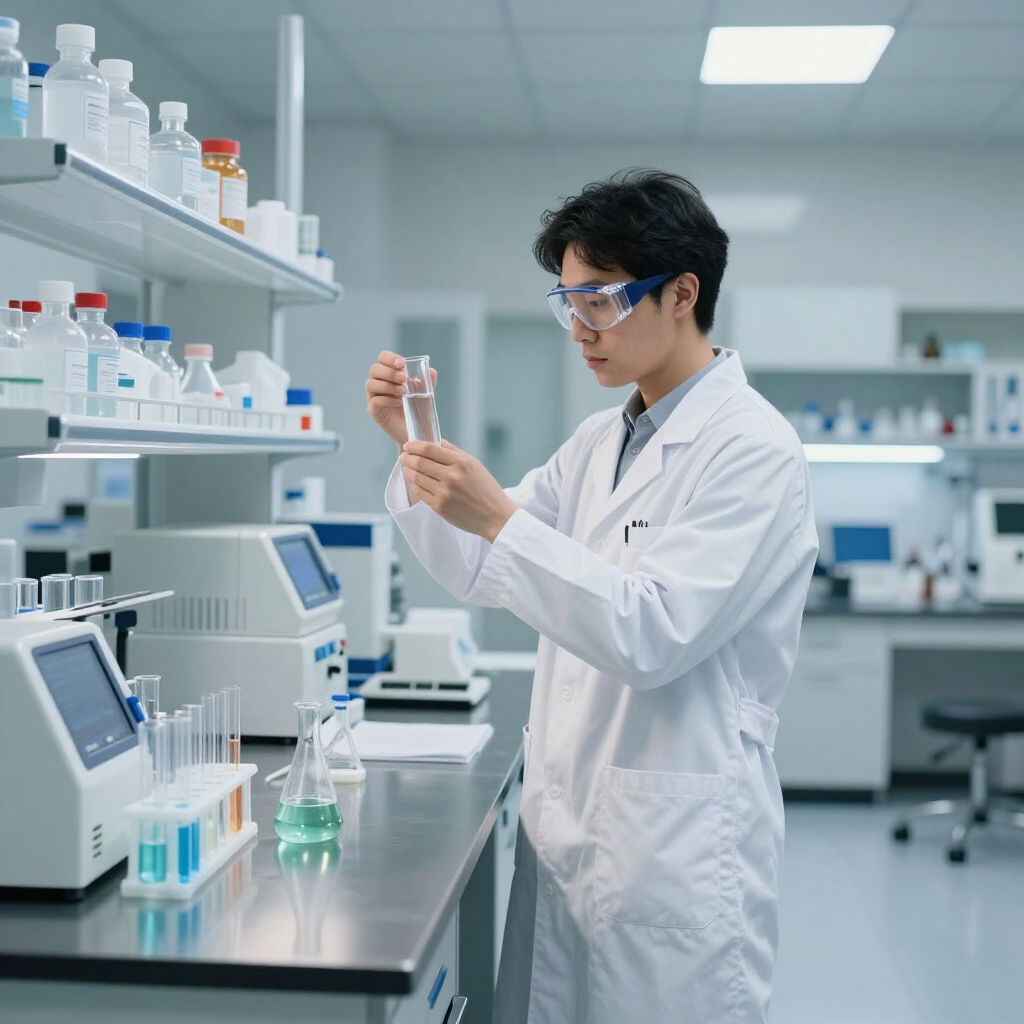 Scientist in a lab coat examining a test tube in a bright laboratory with shelves of chemicals and equipment