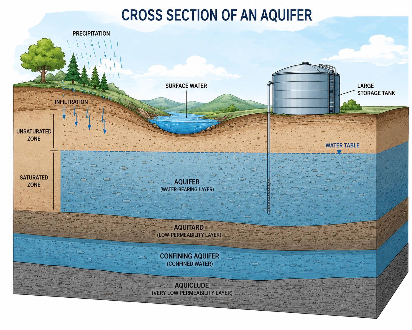 Cross-section diagram of an aquifer with surface water, wells, and underground rock layers