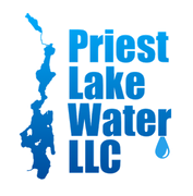 Priest Lake Water LLC logo in blue with water droplet and lake silhouette
