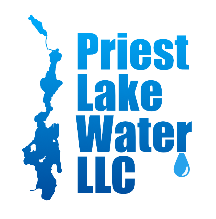 Priest Lake Water LLC logo in blue with water droplet and lake silhouette