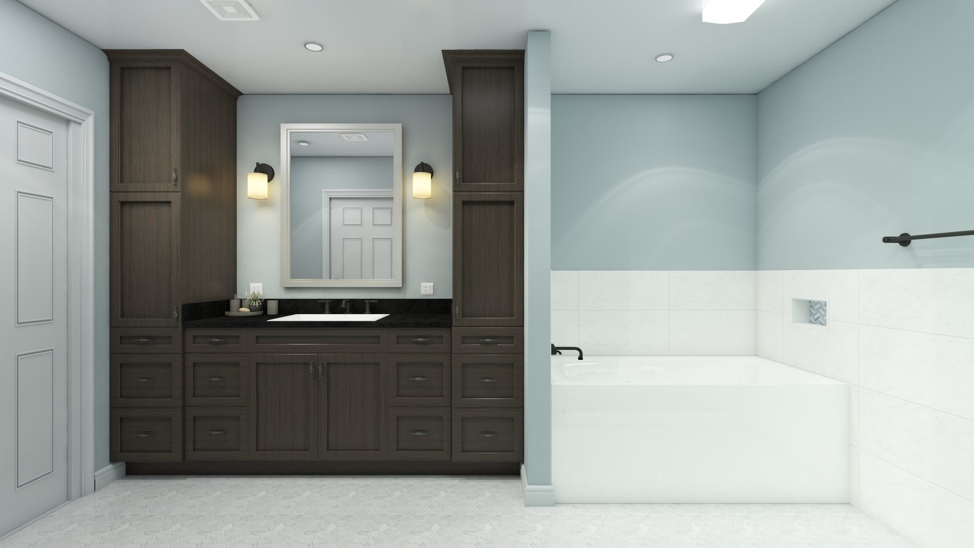 Tulsa Bathroom remodel spa shower stained glass mosaic tile inset marble floor gothic black granite counter