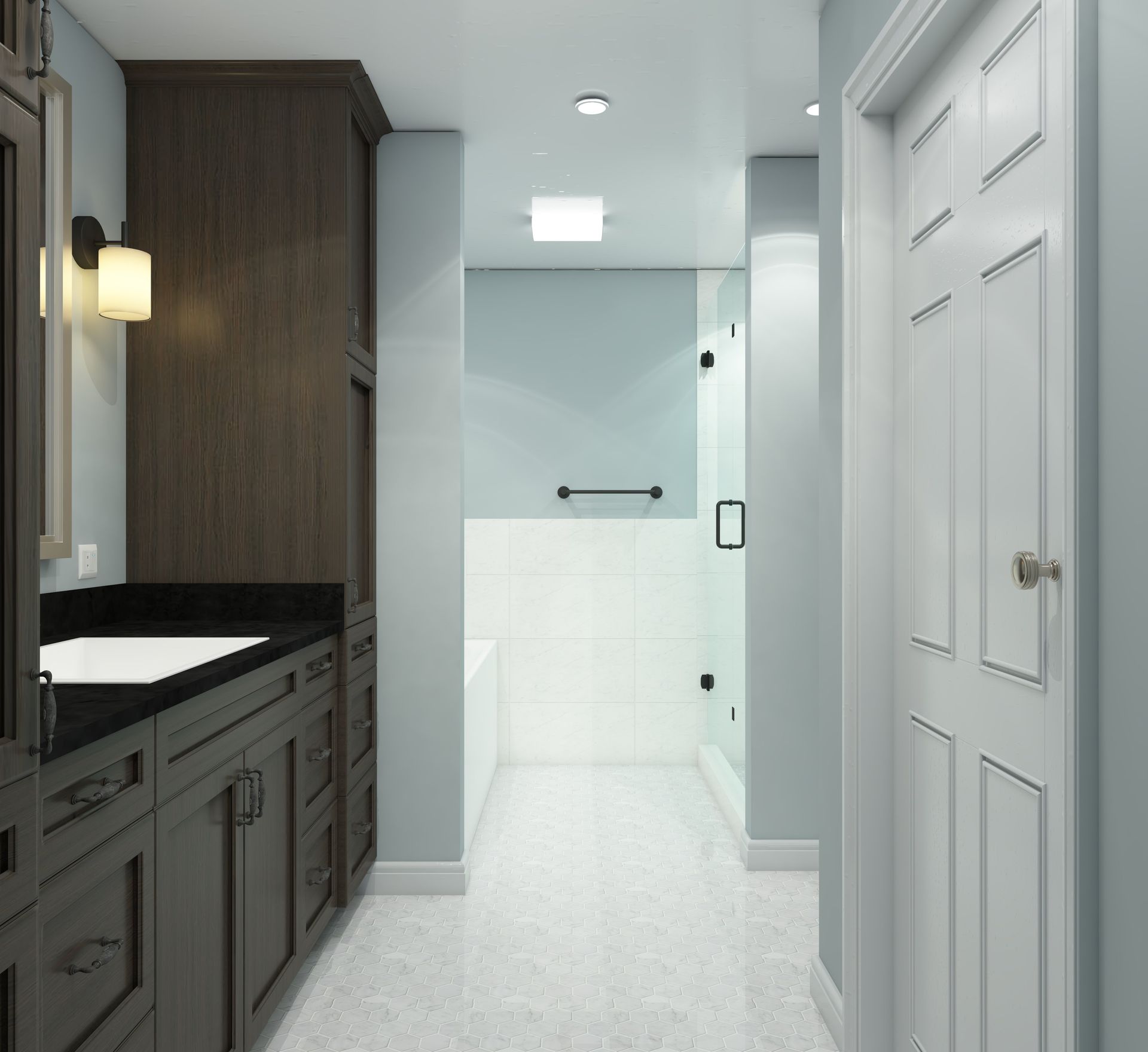 Tulsa Bathroom remodel spa shower stained glass mosaic tile inset marble floor gothic black granite counter