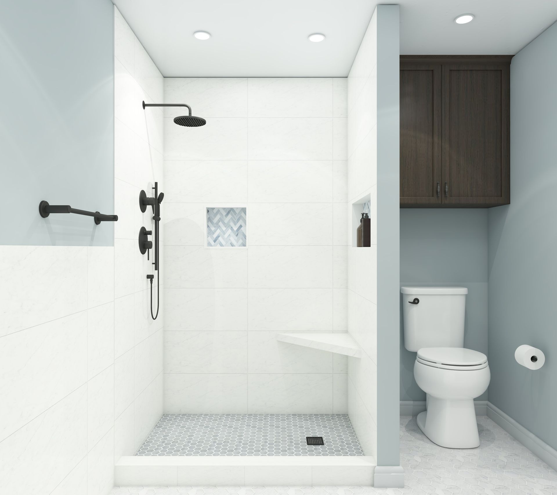 Tulsa Bathroom remodel spa shower stained glass mosaic tile inset marble floor gothic black granite counter