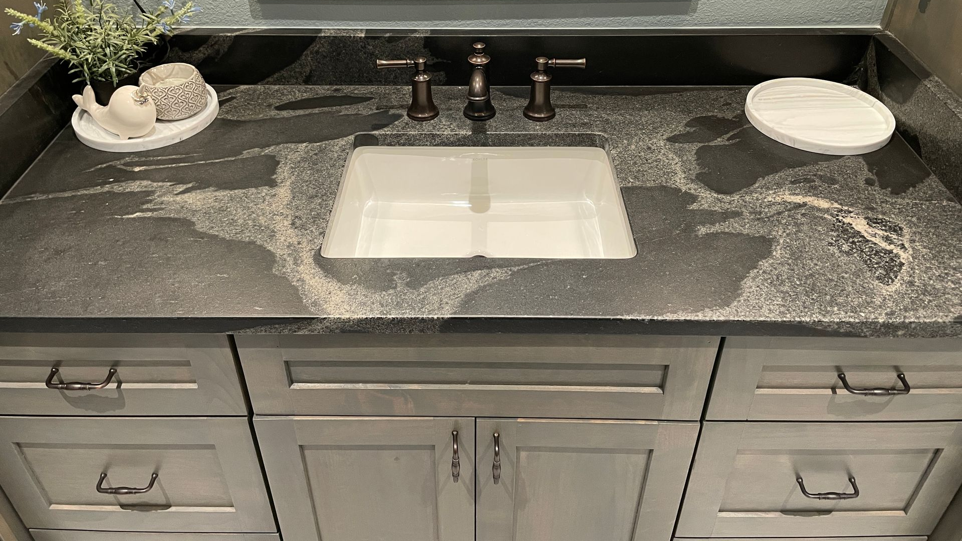 Tulsa Bathroom remodel spa shower stained glass mosaic tile inset marble floor gothic black granite counter