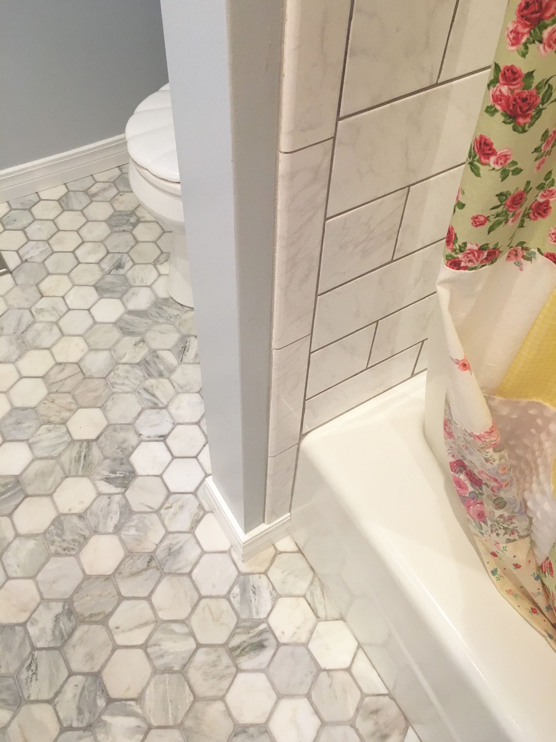 A bathroom with a shower curtain and a toilet