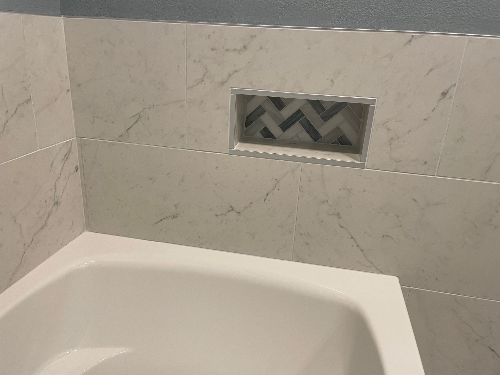 Tulsa Bathroom remodel spa shower stained glass mosaic tile inset marble floor gothic black granite counter