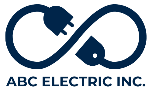 The logo for abc electric inc. is a blue infinity symbol with a plug coming out of it.