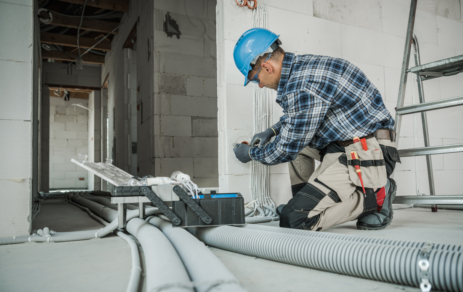 A man is kneeling down in a room while working on electrical wires.