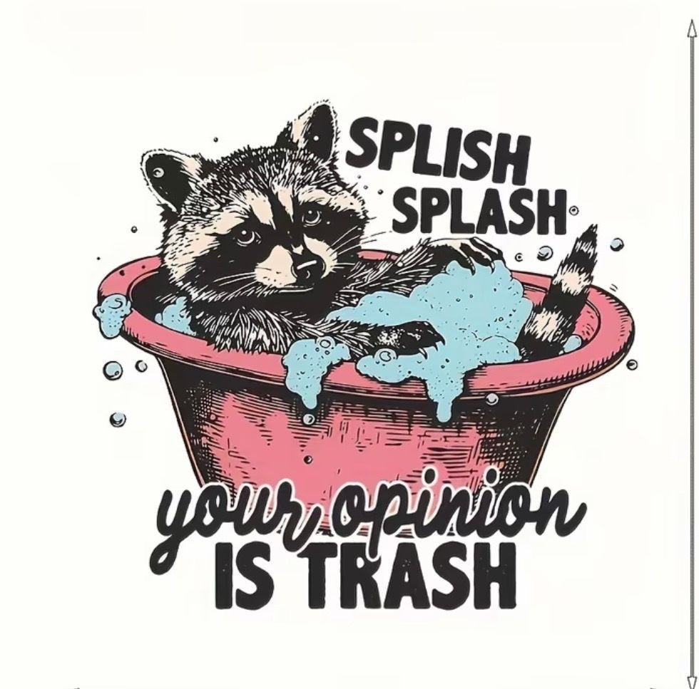 Raccoon in a pink tub with blue water splashing, with text: “SPLISH SPLASH your opinion is TRASH”